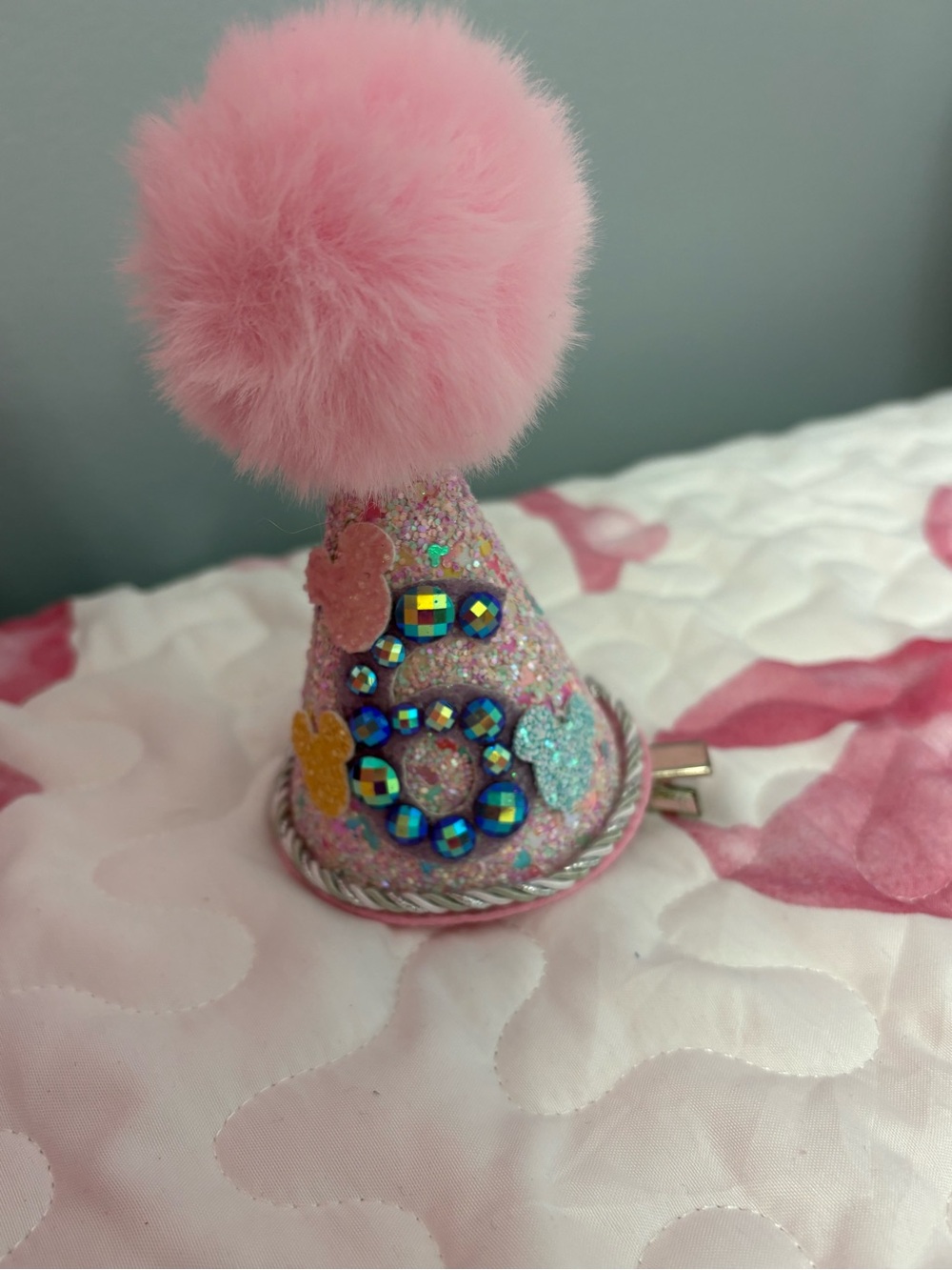 Pink Glitter Party Hat Hair Clip with Pom Pom